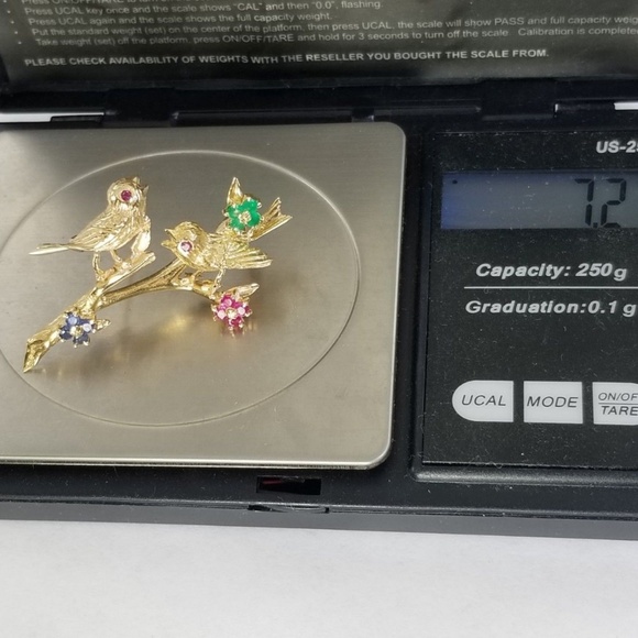14k Gold Ruby, Emerald, Sapphire Bird Brooch Pin - Picture 7 of 8